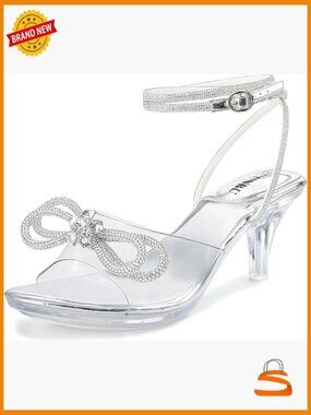 Rhinestone Bowknot Strappy Clear Heels Platform Sandals Slingback Stiletto Open